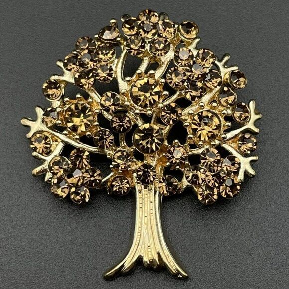 Yellow Gold with Champagne Topaz Crystal Blooming Tree Pin Back Brooch - Picture 1 of 9
